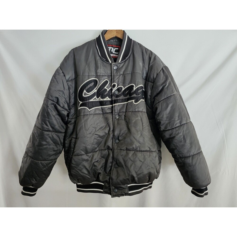 Vintage Chicago Puffer Jacket MC Mens Club Black Gray Button Front Size Large